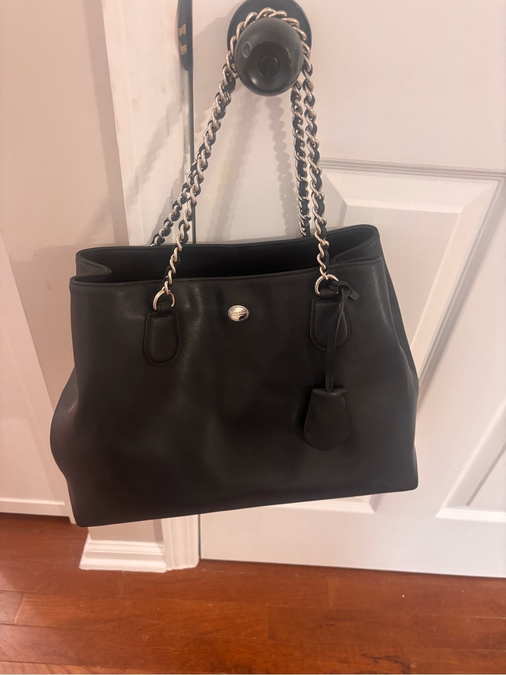 Coach Peyton Saffiano Black Leather Chain-Handle Tote Bag Great Condition